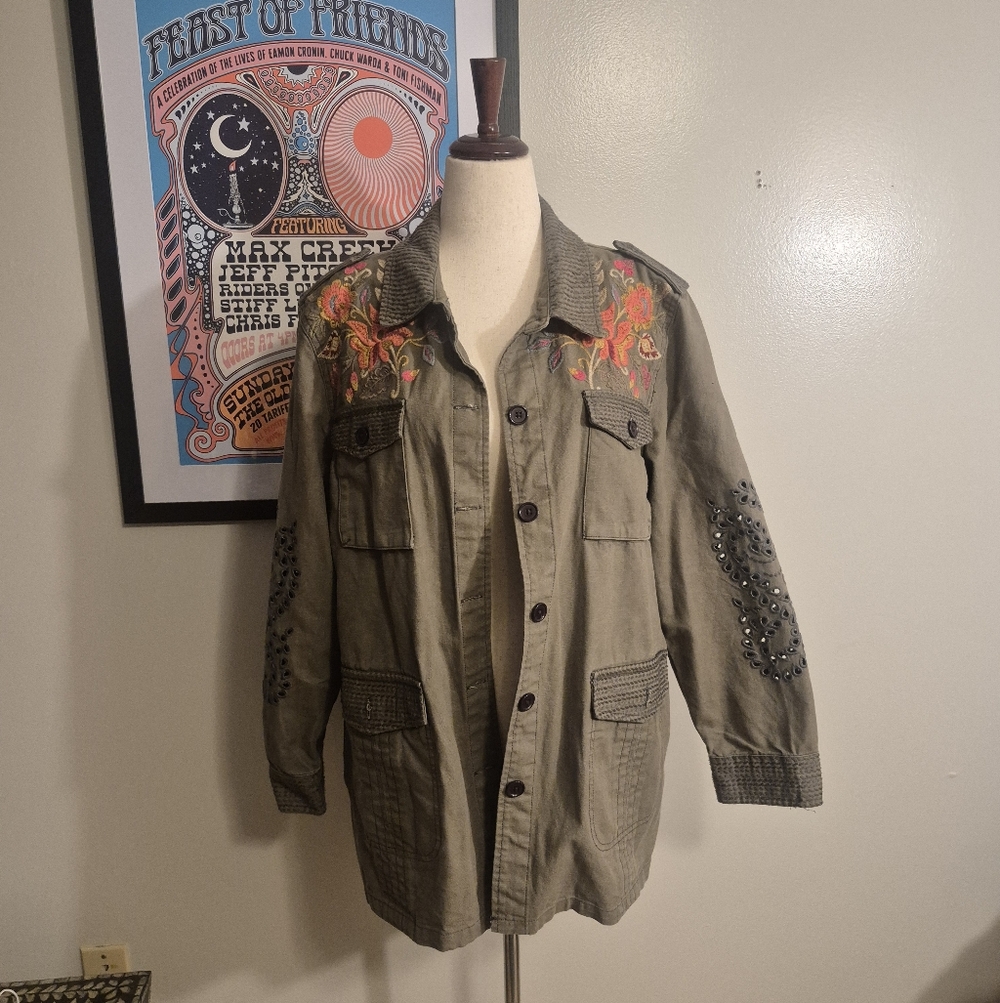 Johnny Was Embroidered Utility Jacket with Multicolor Floral Detail Xl Oversized - Picture 4 of 12